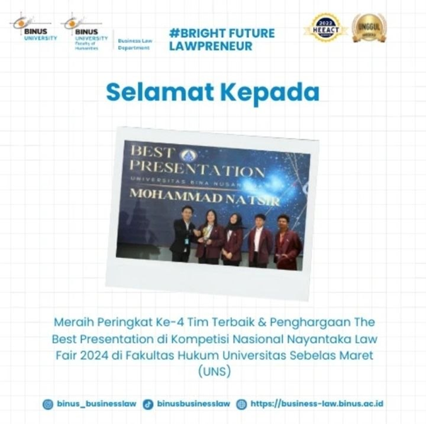 Mahasiswa Business Law BINUS Raih Penghargaan The Best Presentation di Nayantaka Law Fair 2024