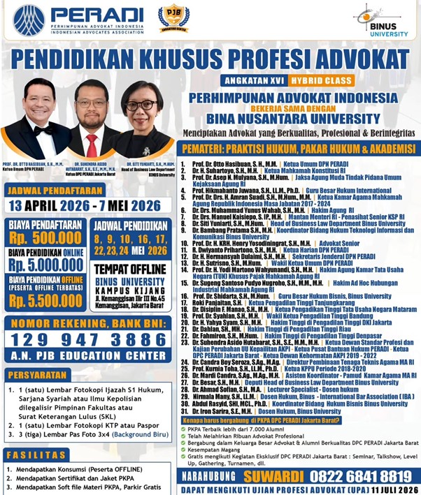 BUSINESS LAW BINUS UNIVERSITY DAN DPC PERADI JAKARTA BARAT SELENGGARAKAN PKPA ANGKATAN XVI