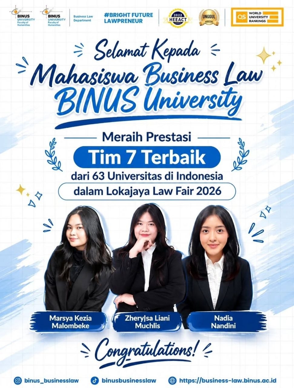 BANGGAKAN BUSINESS LAW BINUS, TIGA MAHASISWA RAIH PERINGKAT 7 BESAR TOP 10 LOKAJAYA LAW FAIR 2026