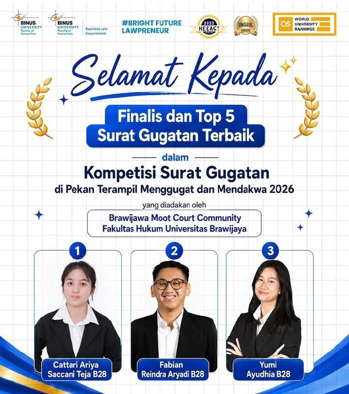 MAHASISWA BUSINESS LAW BINUS RAIH TOP 5 SURAT GUGATAN TERBAIK BMCC