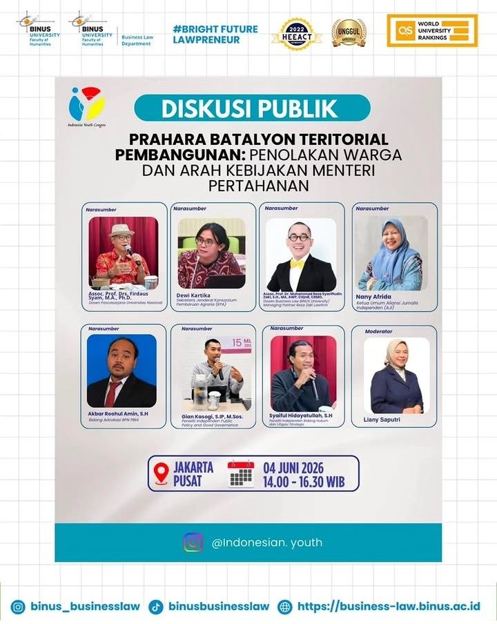 DOSEN BUSINESS LAW BINUS SOROTI ARAH KEBIJAKAN PERTAHANAN DALAM DISKUSI PUBLIK