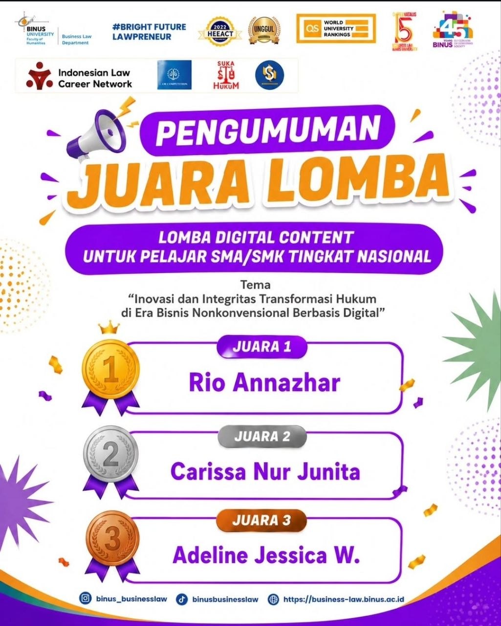 TIGA PELAJAR SMA/SMK RAIH JUARA DALAM LOMBA DIGITAL CONTENT BUSINESS LAW BINUS