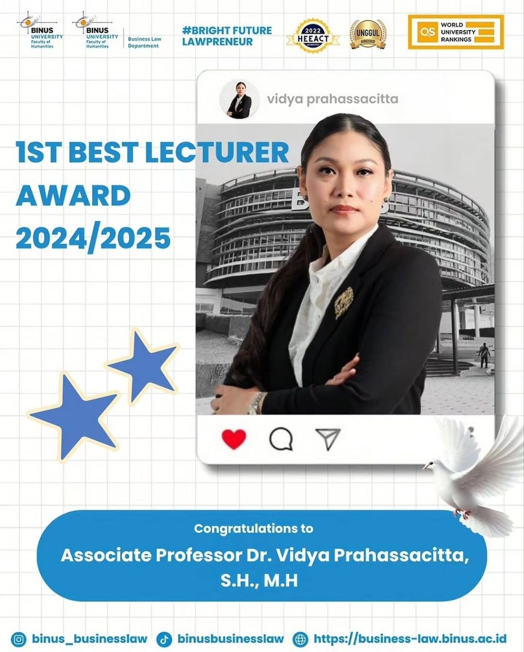 DOSEN BUSINESS LAW BINUS TERIMA PENGHARGAAN BEST LECTURER AWARD 2024/2025