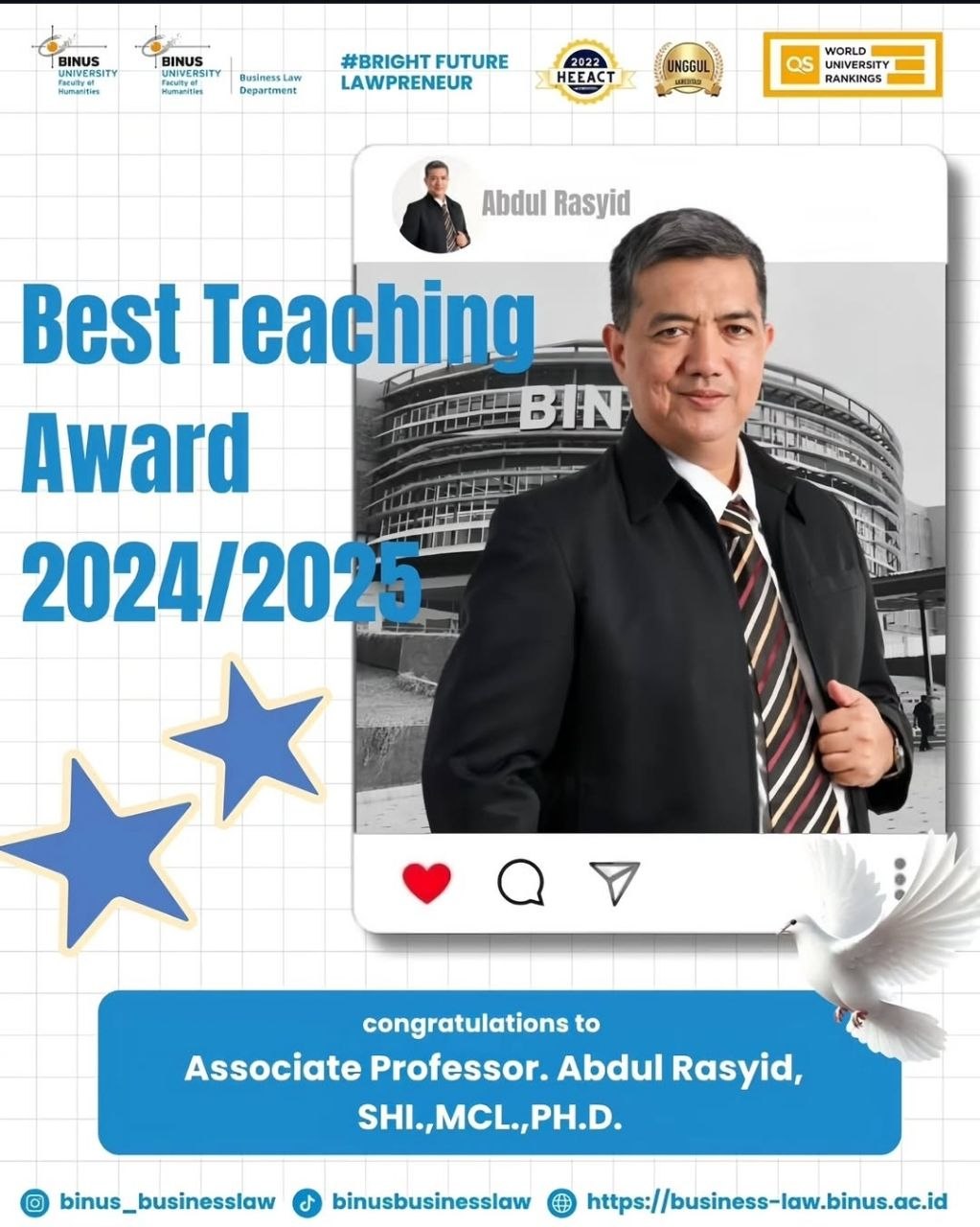 DOSEN BUSINESS LAW BINUS MENERIMA PENGHARGAAN “BEST TEACHING AWARD” 2024/2025