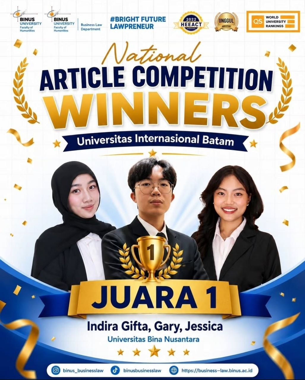 MAHASISWA BUSINESS LAW BINUS RAIH JUARA 1 NATIONAL ARTICLE COMPETITION UNIVERSITAS INTERNASIONAL BATAM