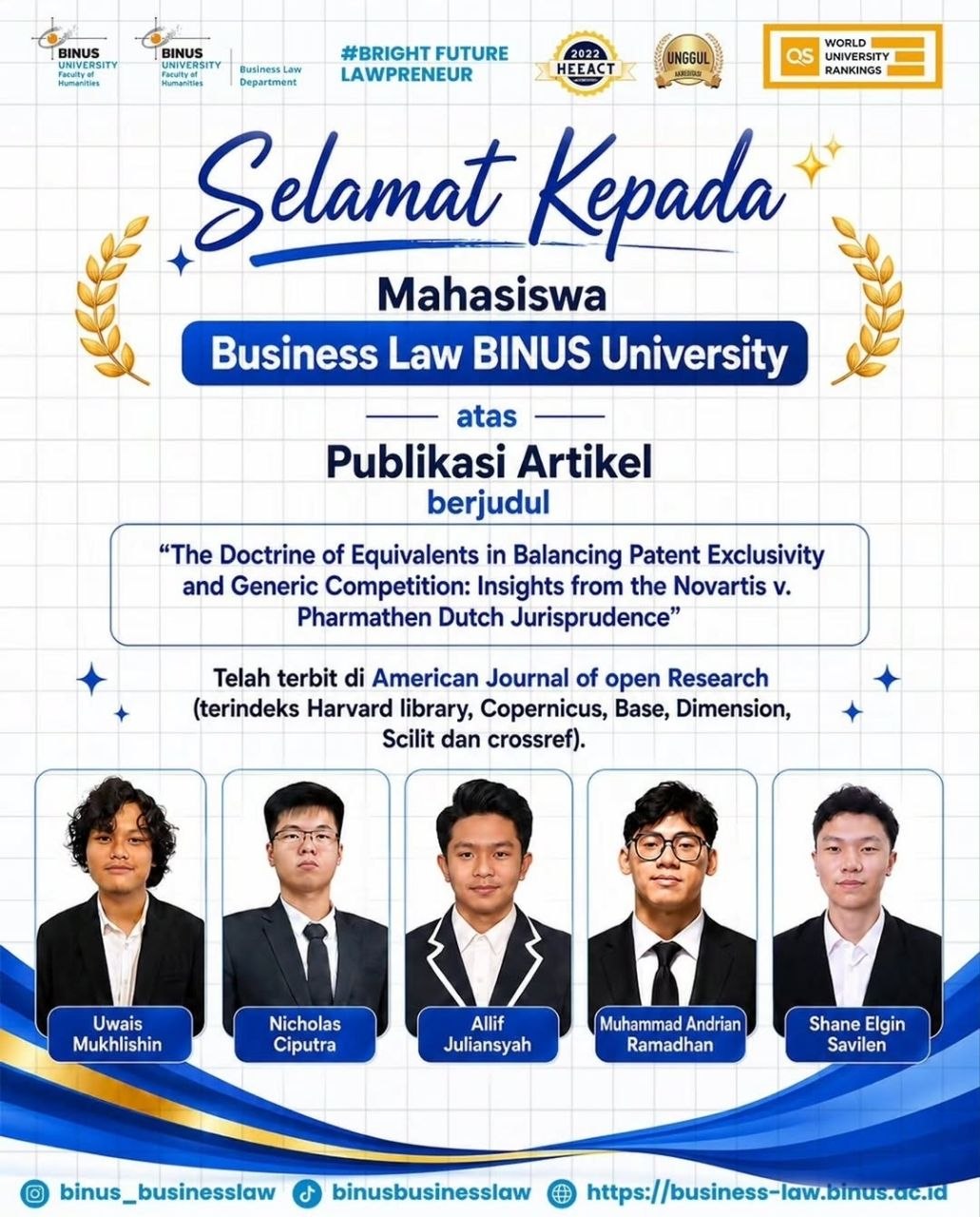 PUBLIKASI MAHASISWA BUSINESS LAW BINUS DI AMERICAN JOURNAL OF OPEN RESEARCH