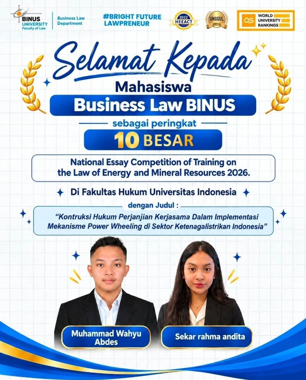 RAIH PERINGKAT 10 BESAR DALAM NATIONAL ESSAY COMPETITION OF TRAINING ON THE LAW OF ENERGY AND MINERAL RESOURCES 2026
